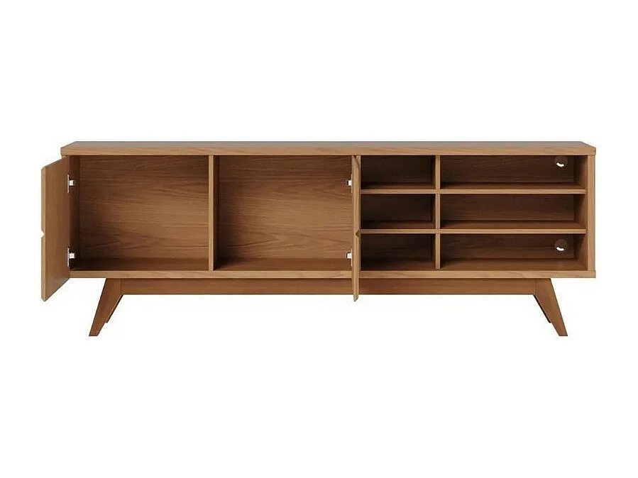 Meuble TV 75 Pouces Chêne Pieds Bois 2 Portes 11 Niches L 180 H 64.2 P 36.5 cm