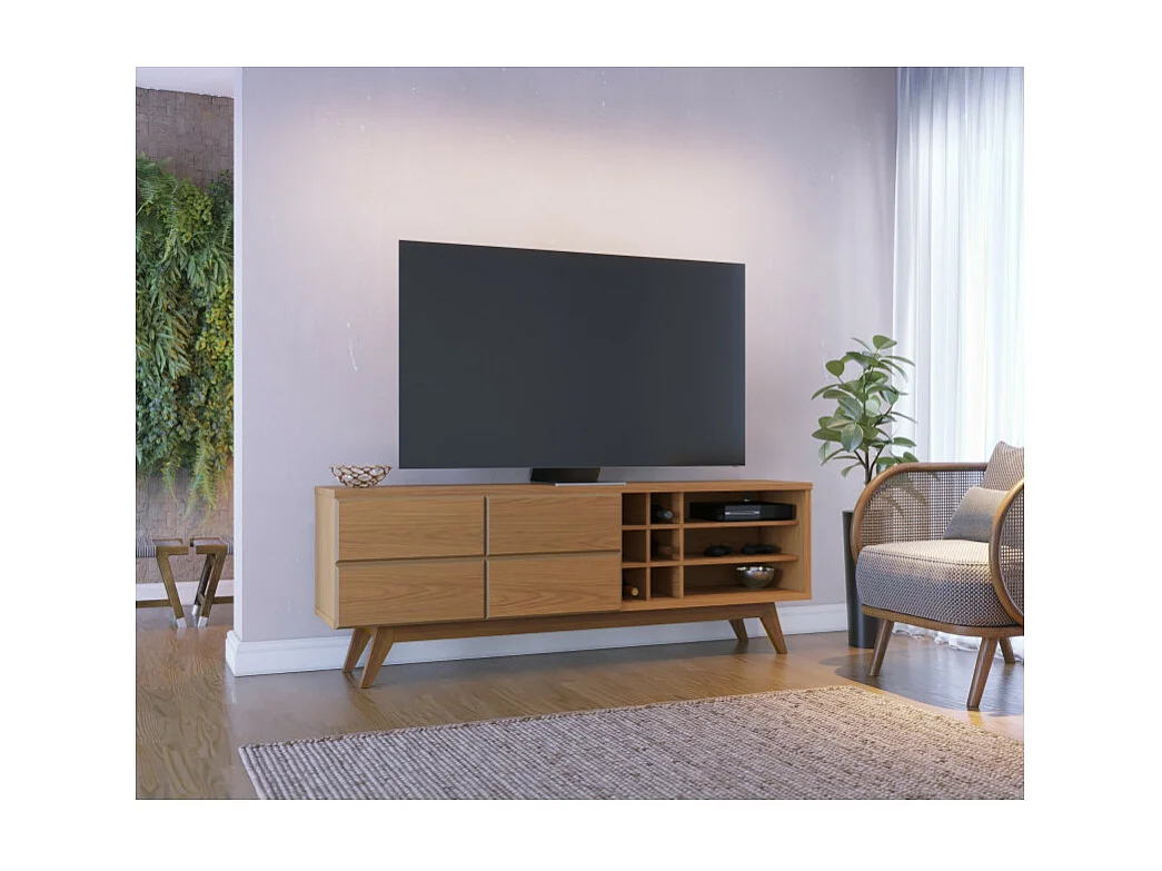 Meuble TV 75 Pouces Chêne Pieds Bois 2 Portes 11 Niches L 180 H 64.2 P 36.5 cm