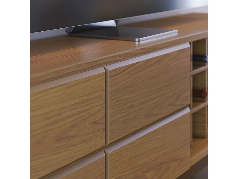 Meuble TV 75 Pouces Chêne Pieds Bois 2 Portes 11 Niches L 180 H 64.2 P 36.5 cm