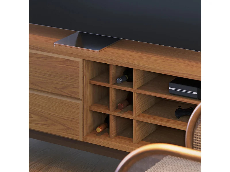 Meuble TV 75 Pouces Chêne Pieds Bois 2 Portes 11 Niches L 180 H 64.2 P 36.5 cm