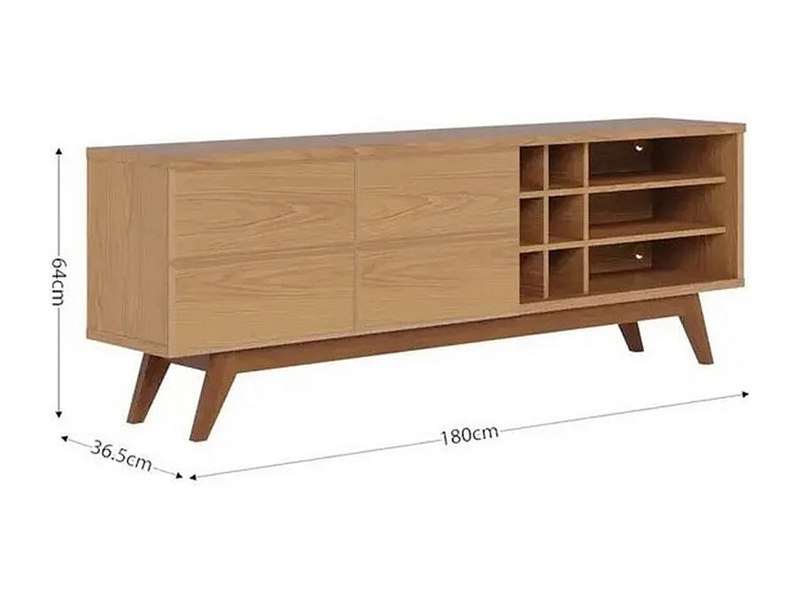 Meuble TV 75 Pouces Chêne Pieds Bois 2 Portes 11 Niches L 180 H 64.2 P 36.5 cm