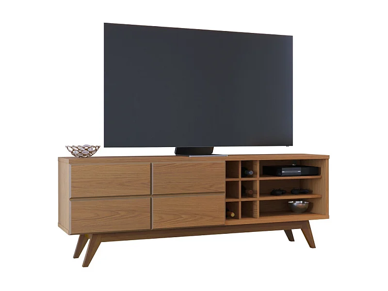 Meuble TV 75 Pouces Chêne Pieds Bois 2 Portes 11 Niches L 180 H 64.2 P 36.5 cm