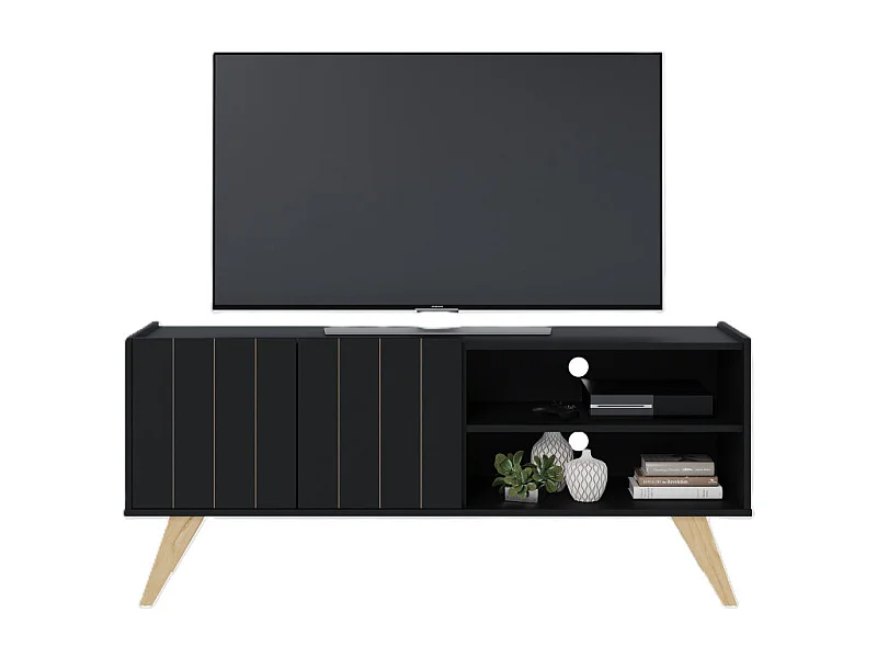 Meuble TV Bar 55 Pouces Noir Pieds Bois 2 Portes 3 Niches L 135.8 H 58.7 P 36.1cm