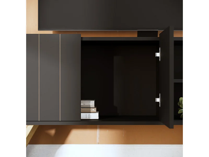 Meuble TV Bar 55 Pouces Noir Pieds Bois 2 Portes 3 Niches L 135.8 H 58.7 P 36.1cm