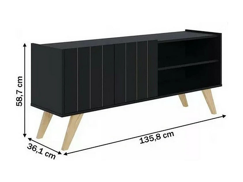 Meuble TV Bar 55 Pouces Noir Pieds Bois 2 Portes 3 Niches L 135.8 H 58.7 P 36.1cm