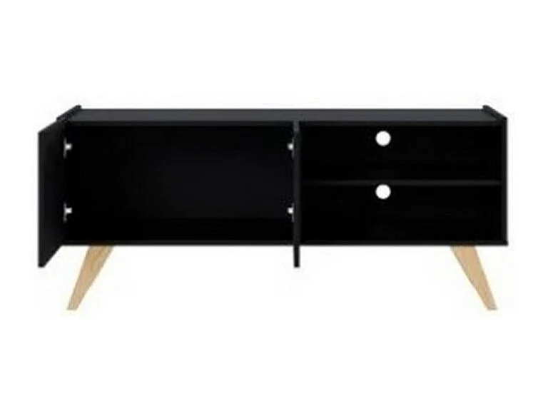 Meuble TV Bar 55 Pouces Noir Pieds Bois 2 Portes 3 Niches L 135.8 H 58.7 P 36.1cm