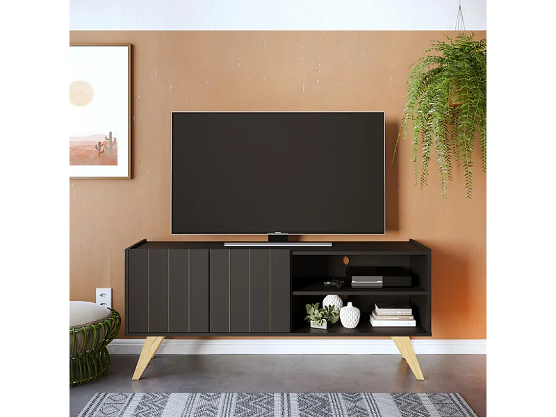 Meuble TV Bar 55 Pouces Noir Pieds Bois 2 Portes 3 Niches L 135.8 H 58.7 P 36.1cm