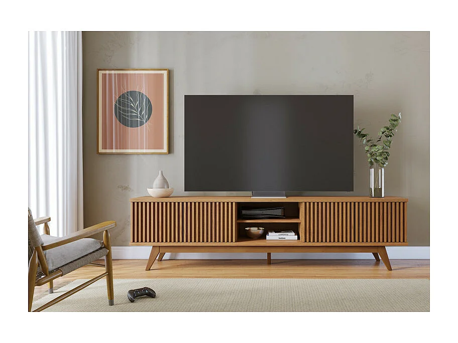 Meuble TV 75 Pouces Chêne Pieds Bois 4 Portes 8 Niches L 218 H 57 P 40 cm