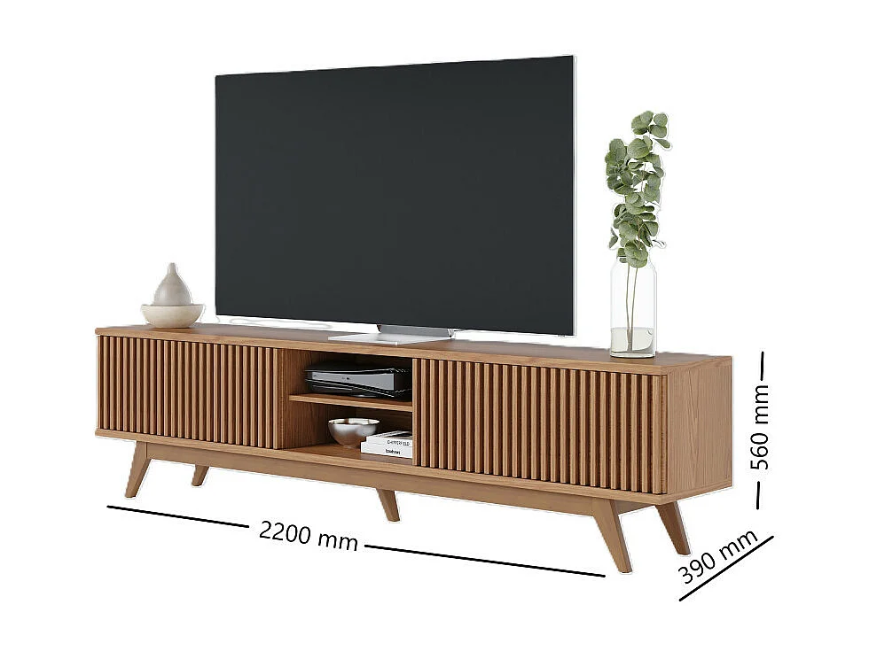 Meuble TV 75 Pouces Chêne Pieds Bois 4 Portes 8 Niches L 218 H 57 P 40 cm