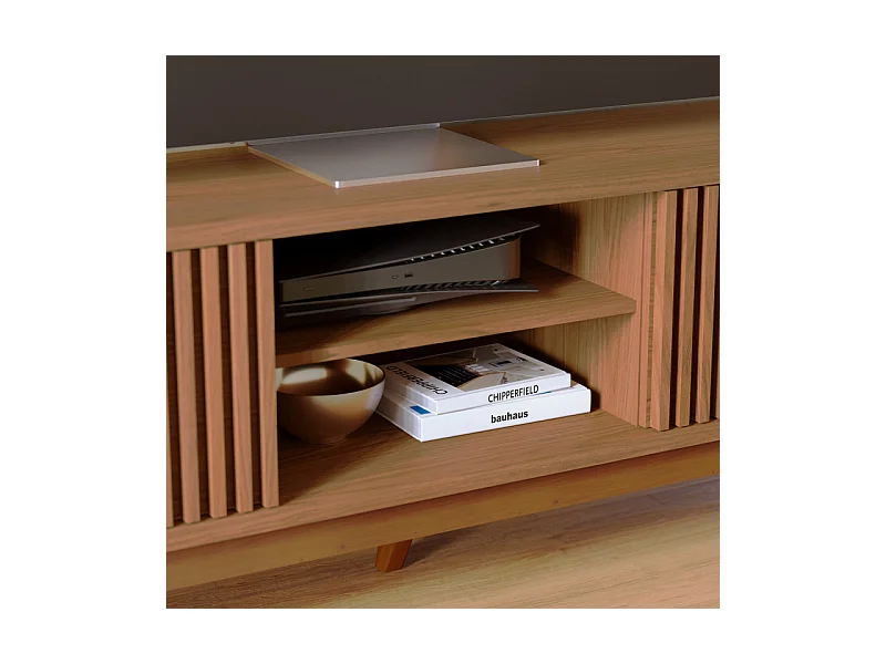 Meuble TV 75 Pouces Chêne Pieds Bois 4 Portes 8 Niches L 218 H 57 P 40 cm