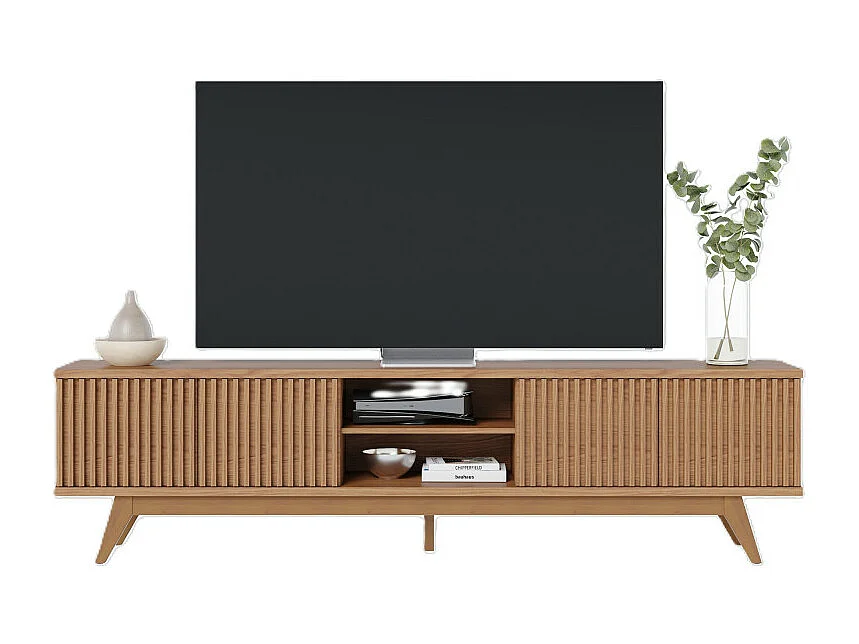 Meuble TV 75 Pouces Chêne Pieds Bois 4 Portes 8 Niches L 218 H 57 P 40 cm