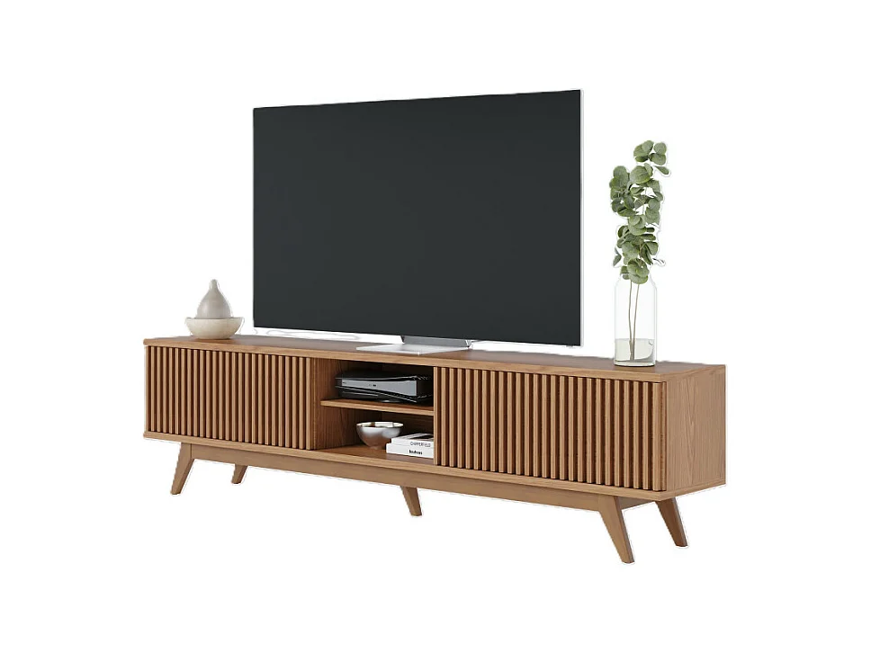 Meuble TV 75 Pouces Chêne Pieds Bois 4 Portes 8 Niches L 218 H 57 P 40 cm