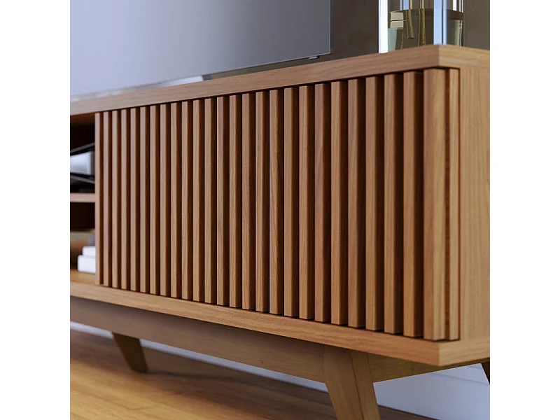 Meuble TV 75 Pouces Chêne Pieds Bois 4 Portes 8 Niches L 218 H 57 P 40 cm