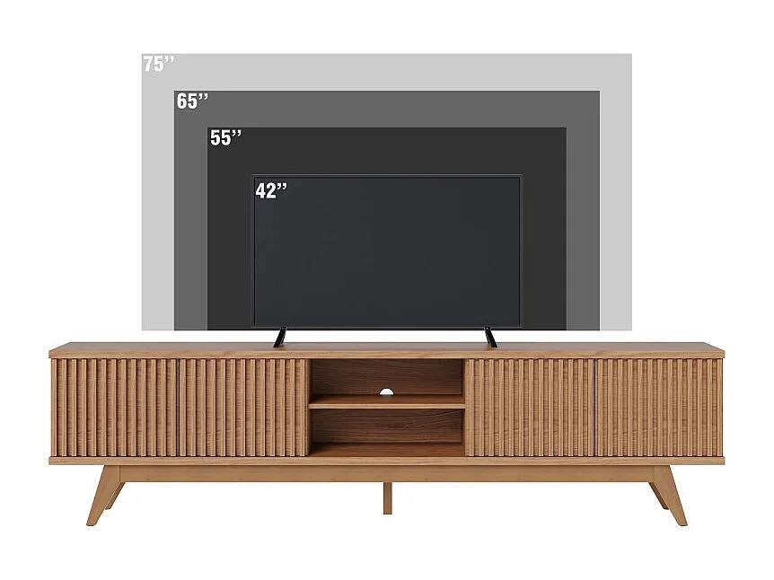 Meuble TV 75 Pouces Chêne Pieds Bois 4 Portes 8 Niches L 218 H 57 P 40 cm