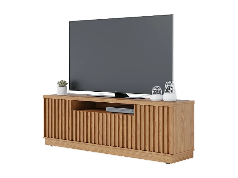 Meuble TV 70 Pouces Chêne 4 Portes 7 Niches 6 Roulettes L 180 H 61.4 P 42.8 cm