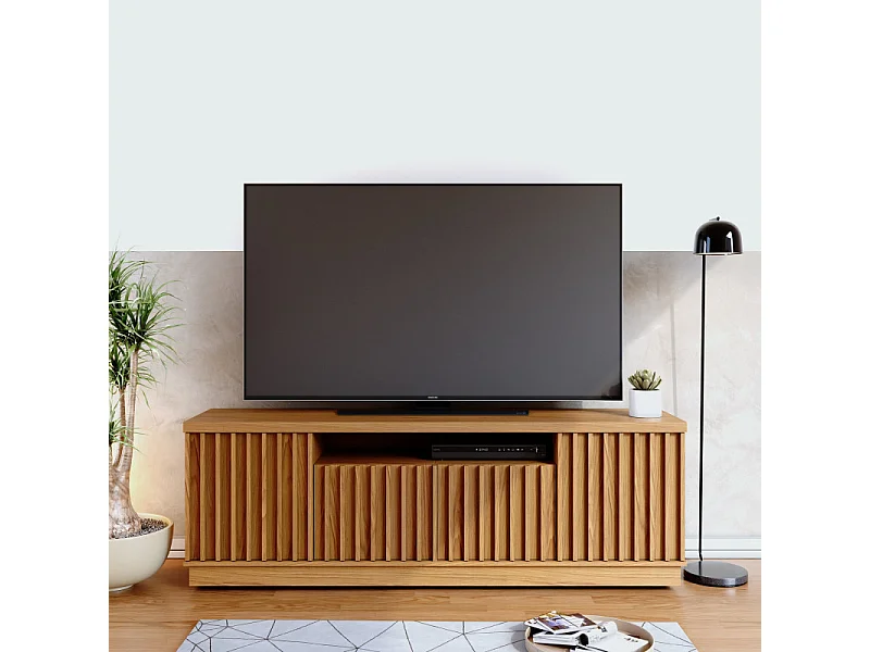 Meuble TV 70 Pouces Chêne 4 Portes 7 Niches 6 Roulettes L 180 H 61.4 P 42.8 cm