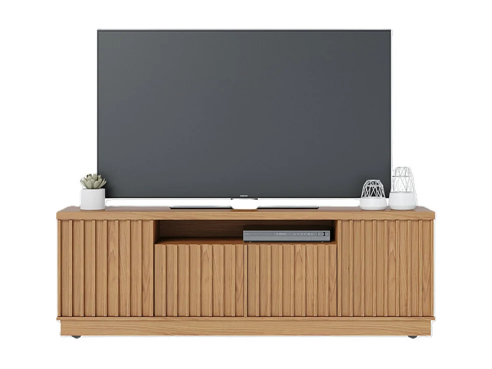 Meuble TV 70 Pouces Chêne 4 Portes 7 Niches 6 Roulettes L 180 H 61.4 P 42.8 cm