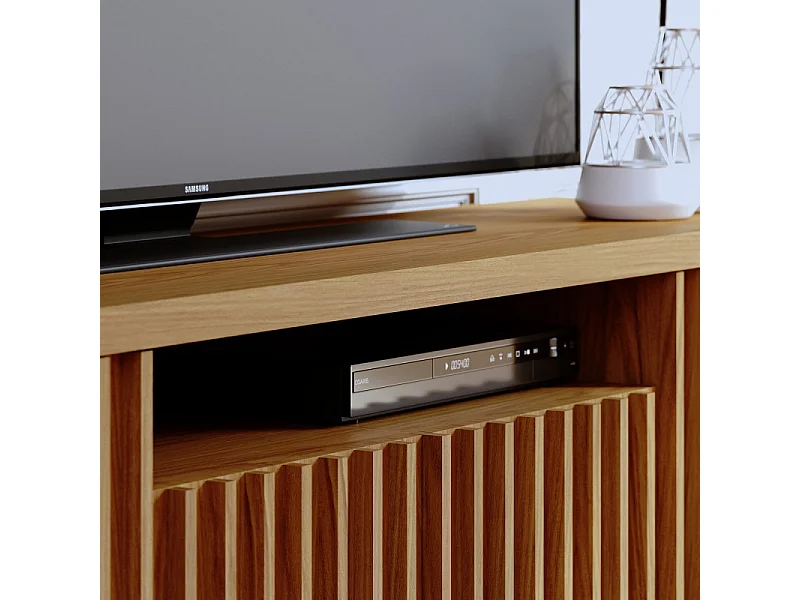 Meuble TV 70 Pouces Chêne 4 Portes 7 Niches 6 Roulettes L 180 H 61.4 P 42.8 cm