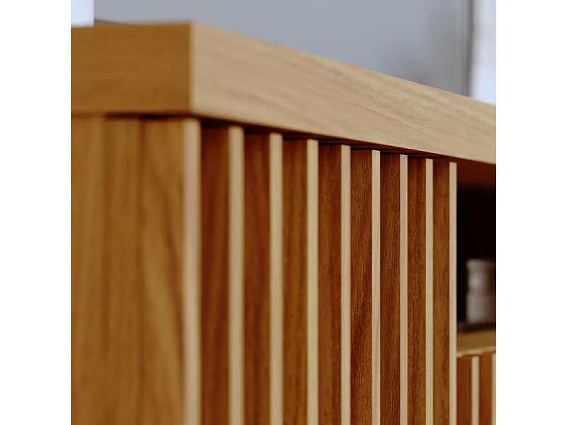 Meuble TV 70 Pouces Chêne 4 Portes 7 Niches 6 Roulettes L 180 H 61.4 P 42.8 cm