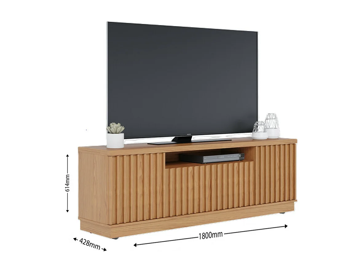 Meuble TV 70 Pouces Chêne 4 Portes 7 Niches 6 Roulettes L 180 H 61.4 P 42.8 cm