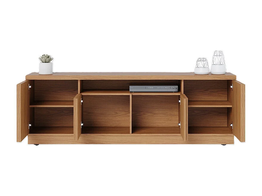 Meuble TV 70 Pouces Chêne 4 Portes 7 Niches 6 Roulettes L 180 H 61.4 P 42.8 cm