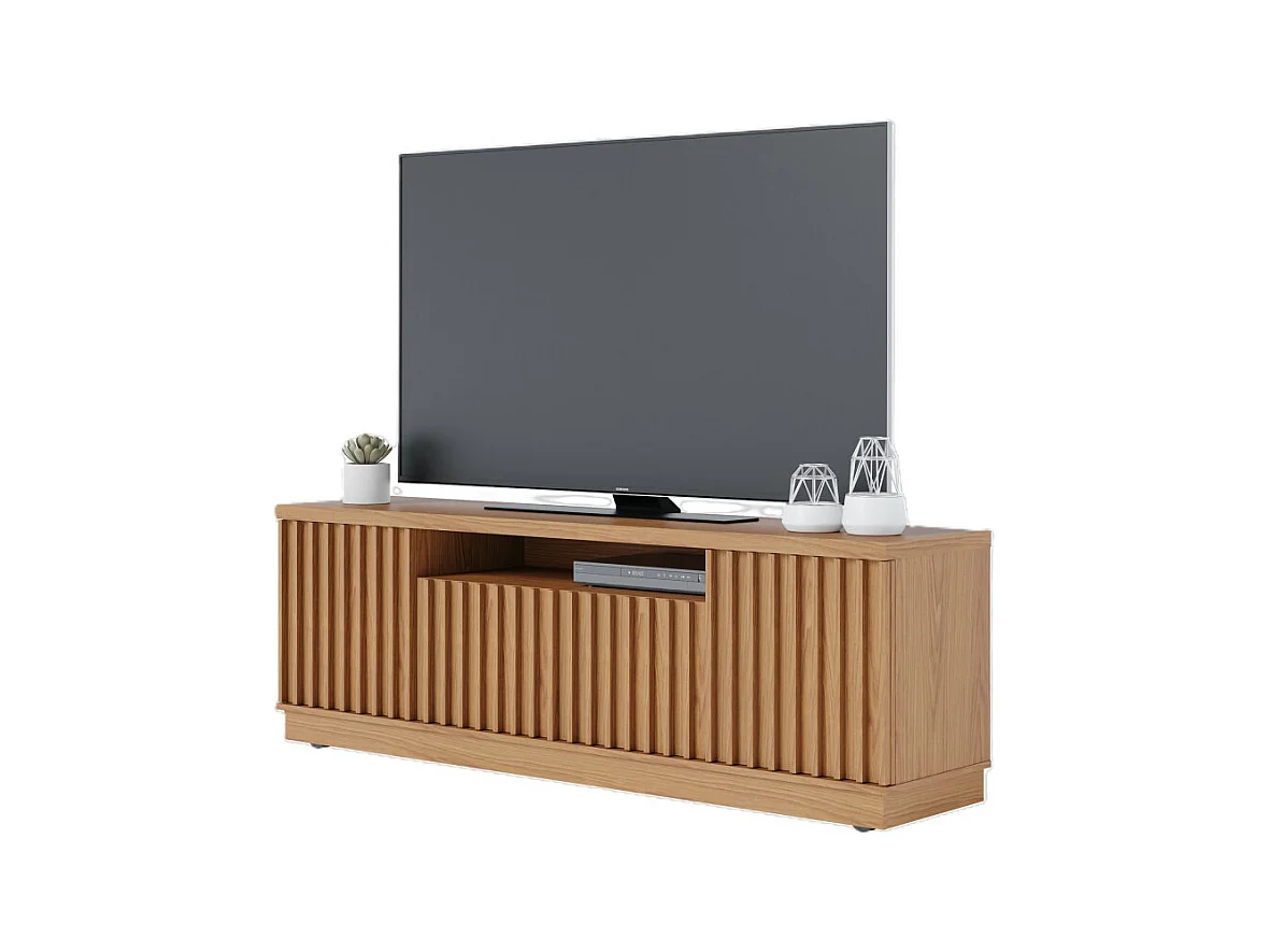 Meuble TV 70 Pouces Chêne 4 Portes 7 Niches 6 Roulettes L 180 H 61.4 P 42.8 cm