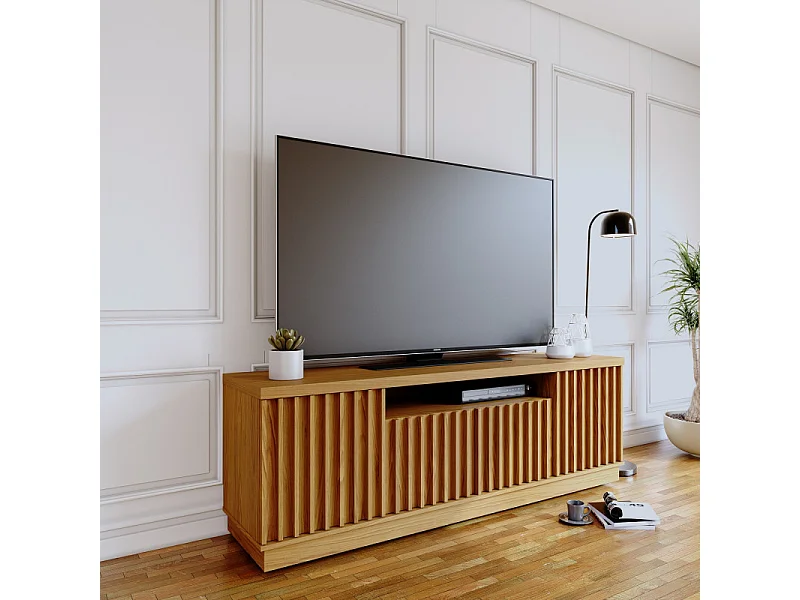 Meuble TV 70 Pouces Chêne 4 Portes 7 Niches 6 Roulettes L 180 H 61.4 P 42.8 cm
