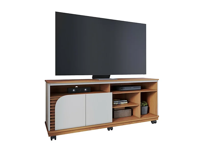 Meuble TV 65 Pouces Chêne et Blanc 2 Portes 7 Niches Roulettes L 150 H 63.2 P 39.3 cm