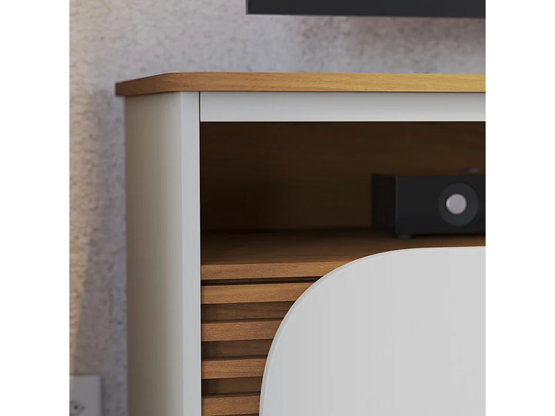 Meuble TV 65 Pouces Chêne et Blanc 2 Portes 7 Niches Roulettes L 150 H 63.2 P 39.3 cm