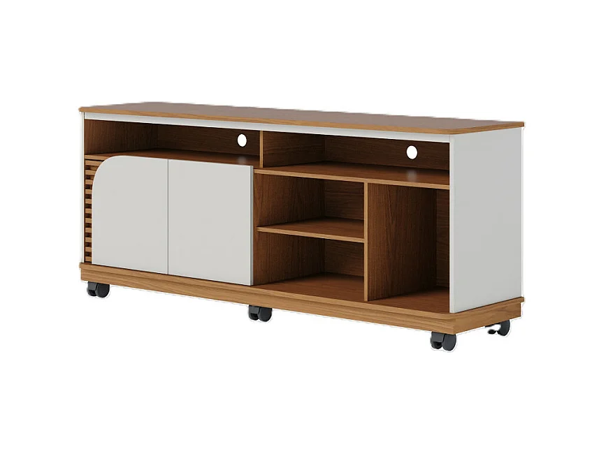 Meuble TV 65 Pouces Chêne et Blanc 2 Portes 7 Niches Roulettes L 150 H 63.2 P 39.3 cm
