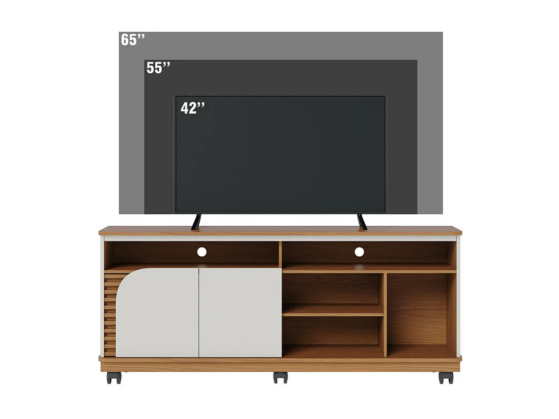 Meuble TV 65 Pouces Chêne et Blanc 2 Portes 7 Niches Roulettes L 150 H 63.2 P 39.3 cm