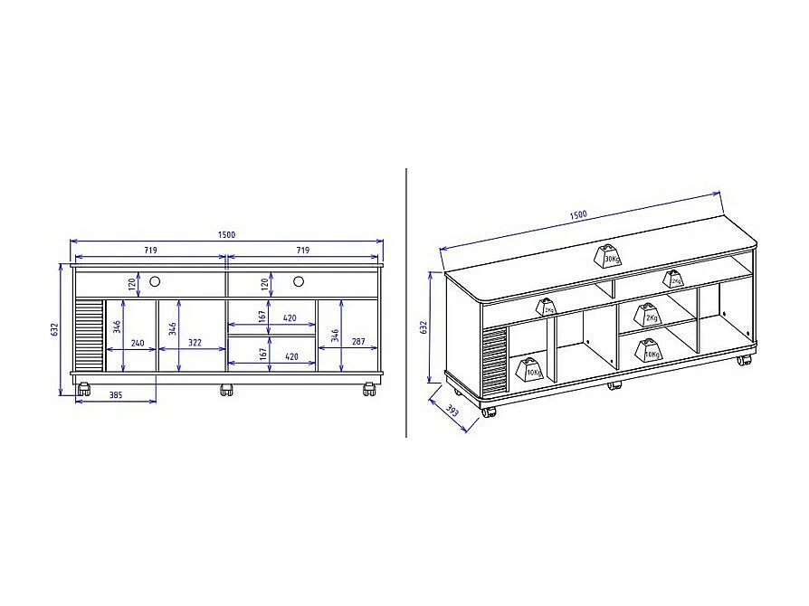 Meuble TV 65 Pouces Chêne et Blanc 2 Portes 7 Niches Roulettes L 150 H 63.2 P 39.3 cm