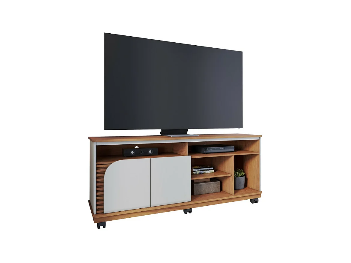 Meuble TV 65 Pouces Chêne et Blanc 2 Portes 7 Niches Roulettes L 150 H 63.2 P 39.3 cm
