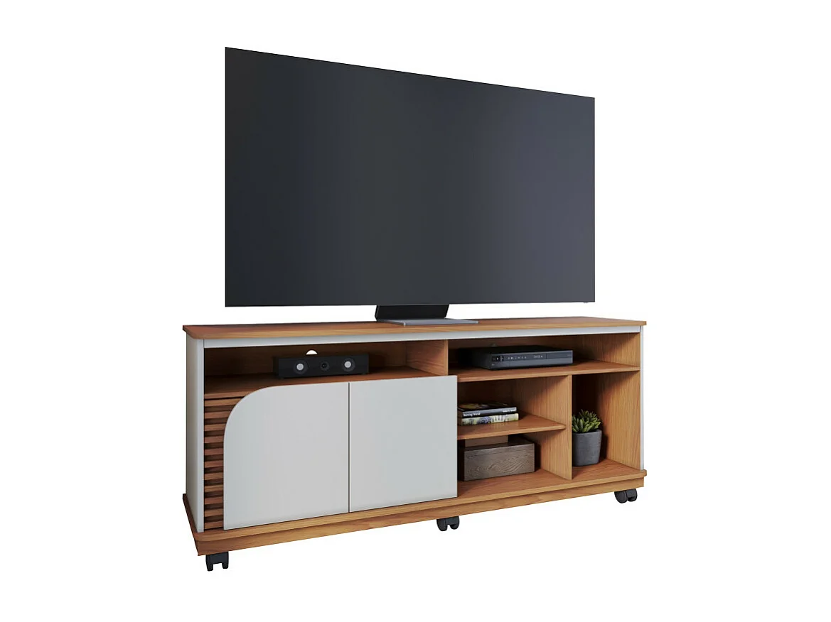 Meuble TV 65 Pouces Chêne et Blanc 2 Portes 7 Niches Roulettes L 150 H 63.2 P 39.3 cm