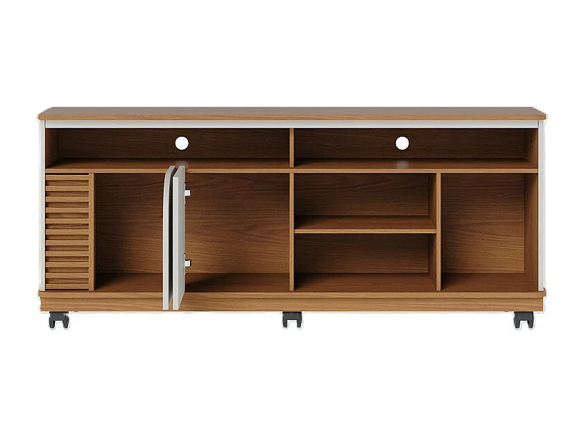 Meuble TV 65 Pouces Chêne et Blanc 2 Portes 7 Niches Roulettes L 150 H 63.2 P 39.3 cm