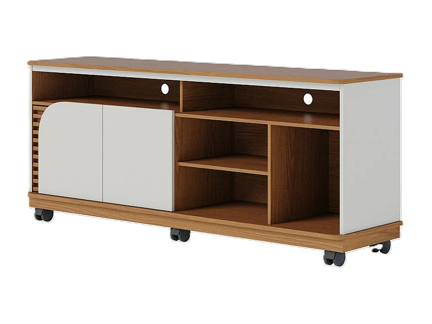 Meuble TV 65 Pouces Chêne et Blanc 2 Portes 7 Niches Roulettes L 150 H 63.2 P 39.3 cm