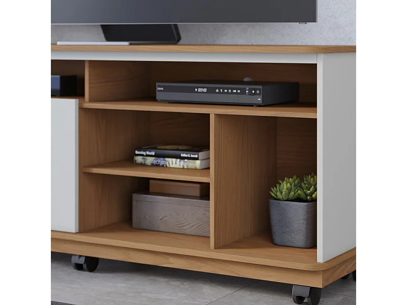 Meuble TV 65 Pouces Chêne et Blanc 2 Portes 7 Niches Roulettes L 150 H 63.2 P 39.3 cm