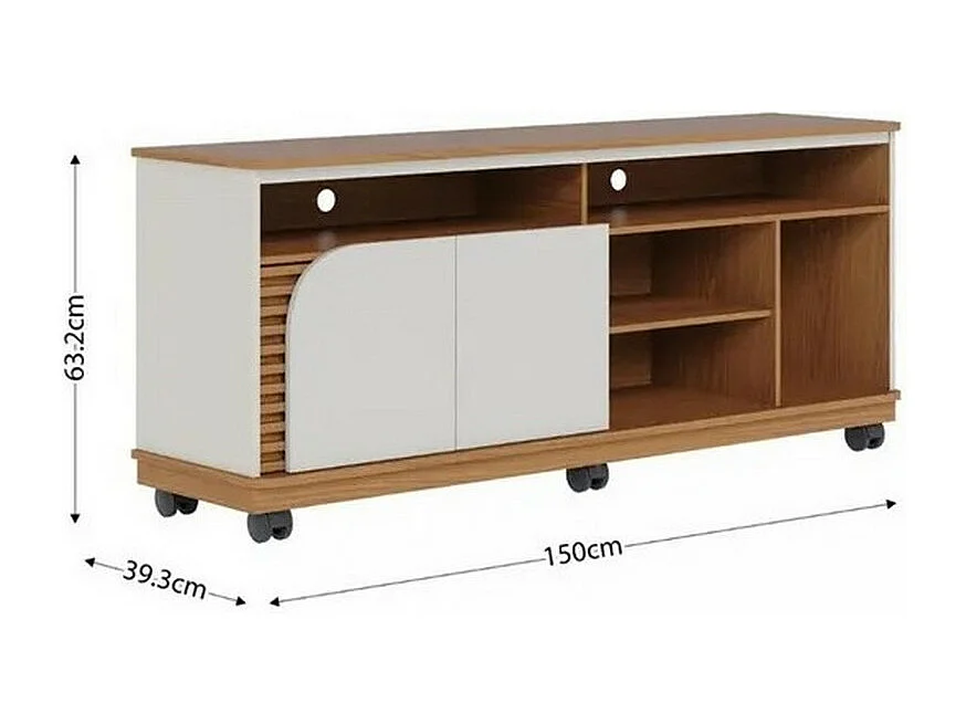Meuble TV 65 Pouces Chêne et Blanc 2 Portes 7 Niches Roulettes L 150 H 63.2 P 39.3 cm
