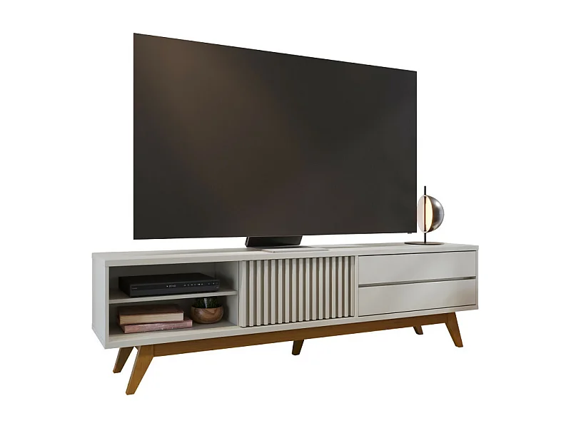 Meuble TV 75 Pouces Blanc Pieds Bois 1 Porte 2 Tiroirs 3 Niches L 200 H 55.2 P 37.7 cm