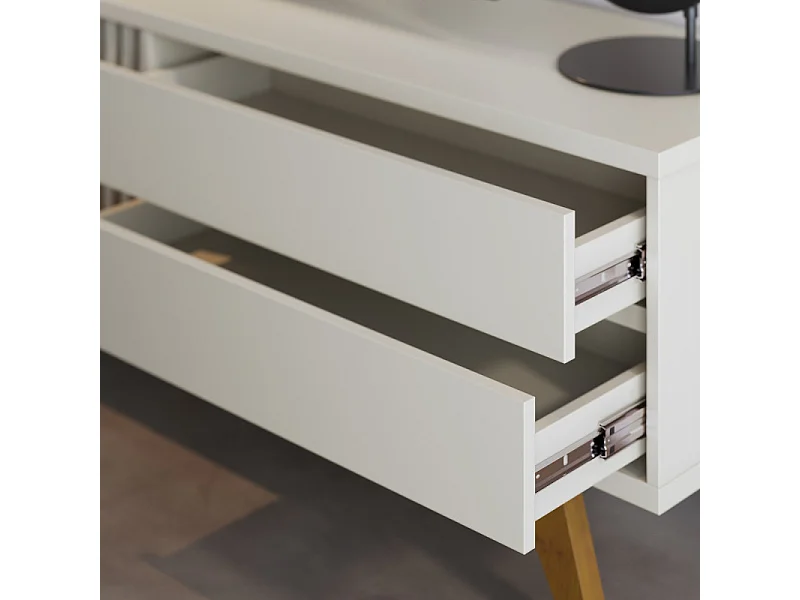 Meuble TV 75 Pouces Blanc Pieds Bois 1 Porte 2 Tiroirs 3 Niches L 200 H 55.2 P 37.7 cm