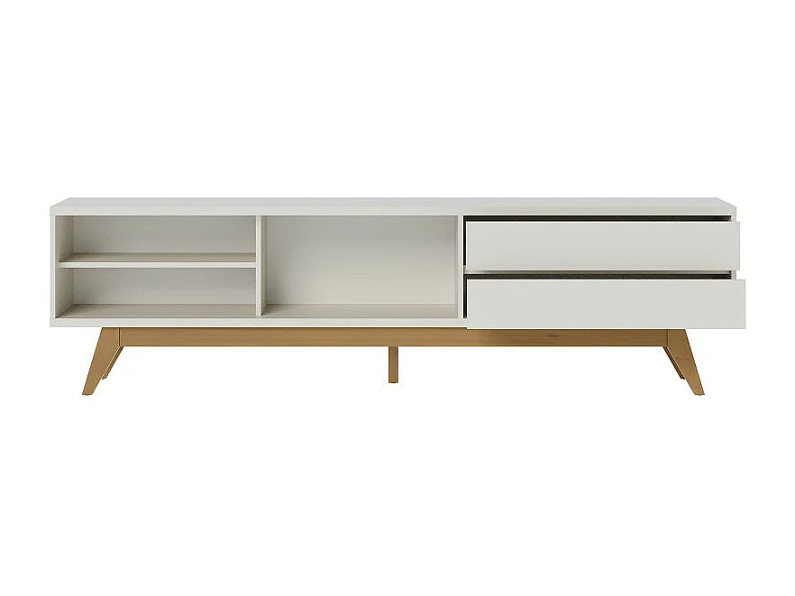 Meuble TV 75 Pouces Blanc Pieds Bois 1 Porte 2 Tiroirs 3 Niches L 200 H 55.2 P 37.7 cm