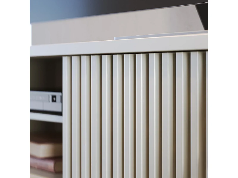 Meuble TV 75 Pouces Blanc Pieds Bois 1 Porte 2 Tiroirs 3 Niches L 200 H 55.2 P 37.7 cm