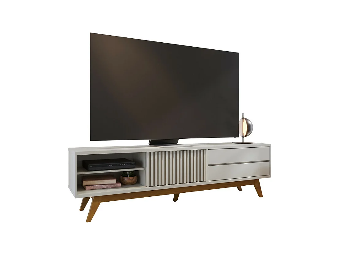 Meuble TV 75 Pouces Blanc Pieds Bois 1 Porte 2 Tiroirs 3 Niches L 200 H 55.2 P 37.7 cm