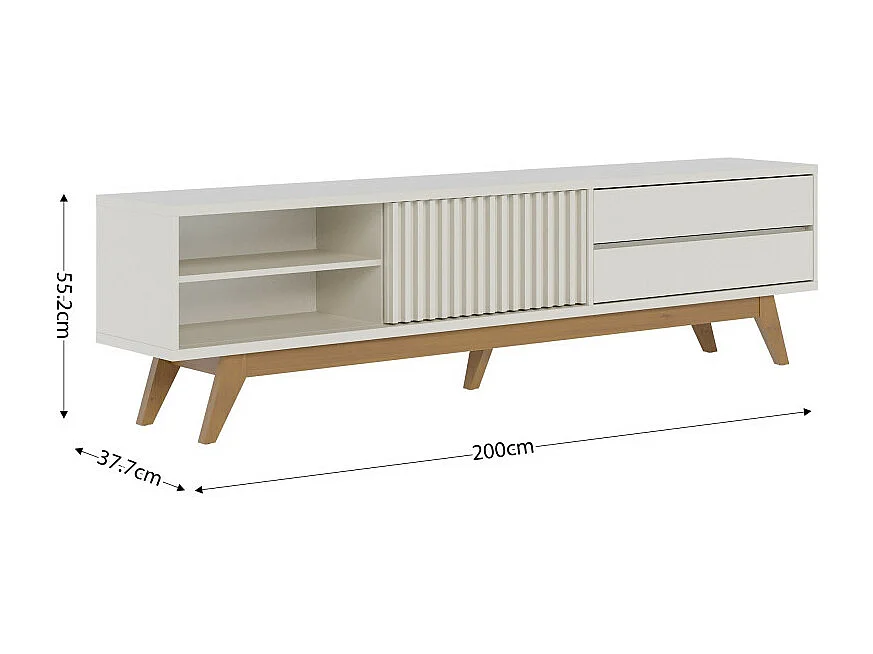Meuble TV 75 Pouces Blanc Grisé Pieds Bois 1 Porte 2 Tiroirs 3 Niches L 200 H 55.2 P 37.7 cm