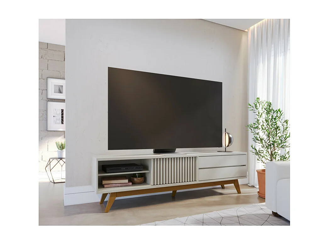 Meuble TV 75 Pouces Blanc Grisé Pieds Bois 1 Porte 2 Tiroirs 3 Niches L 200 H 55.2 P 37.7 cm