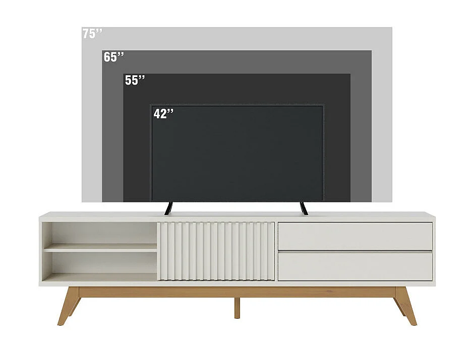 Meuble TV 75 Pouces Blanc Grisé Pieds Bois 1 Porte 2 Tiroirs 3 Niches L 200 H 55.2 P 37.7 cm