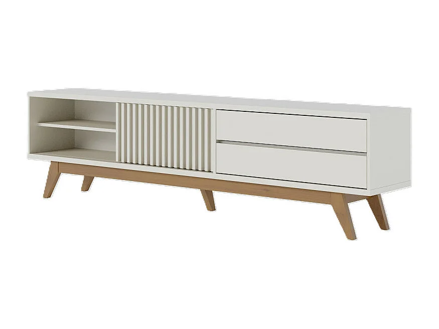 Meuble TV 75 Pouces Blanc Grisé Pieds Bois 1 Porte 2 Tiroirs 3 Niches L 200 H 55.2 P 37.7 cm