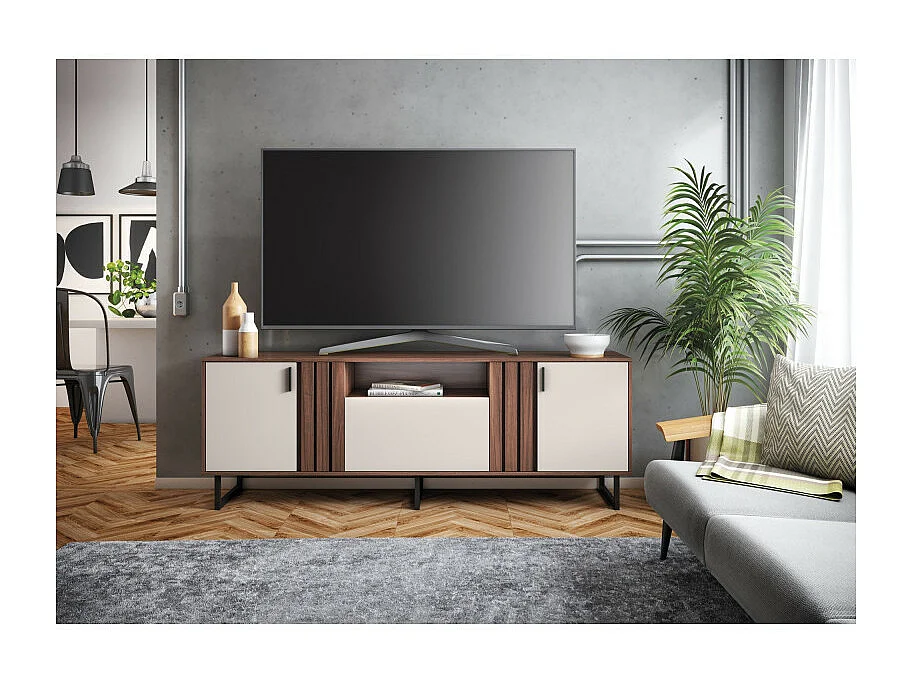 Meuble TV Bar 70 Pouces Noyer et Blanc 3 Portes 4 Niches Pieds Métal L 180 H 64 P 40.3 cm