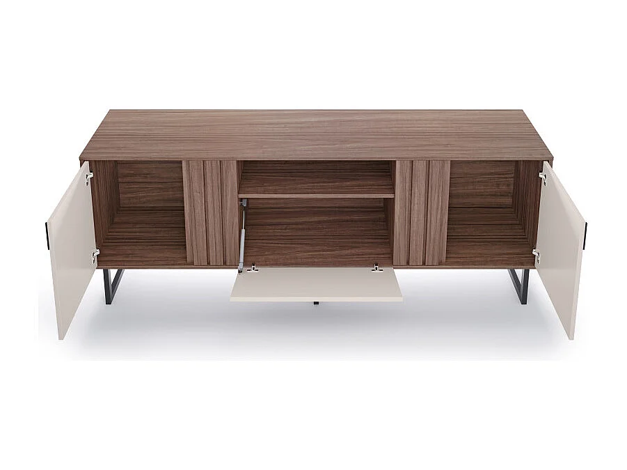 Meuble TV Bar 70 Pouces Noyer et Blanc 3 Portes 4 Niches Pieds Métal L 180 H 64 P 40.3 cm