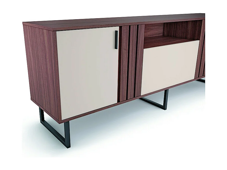 Meuble TV Bar 70 Pouces Noyer et Blanc 3 Portes 4 Niches Pieds Métal L 180 H 64 P 40.3 cm